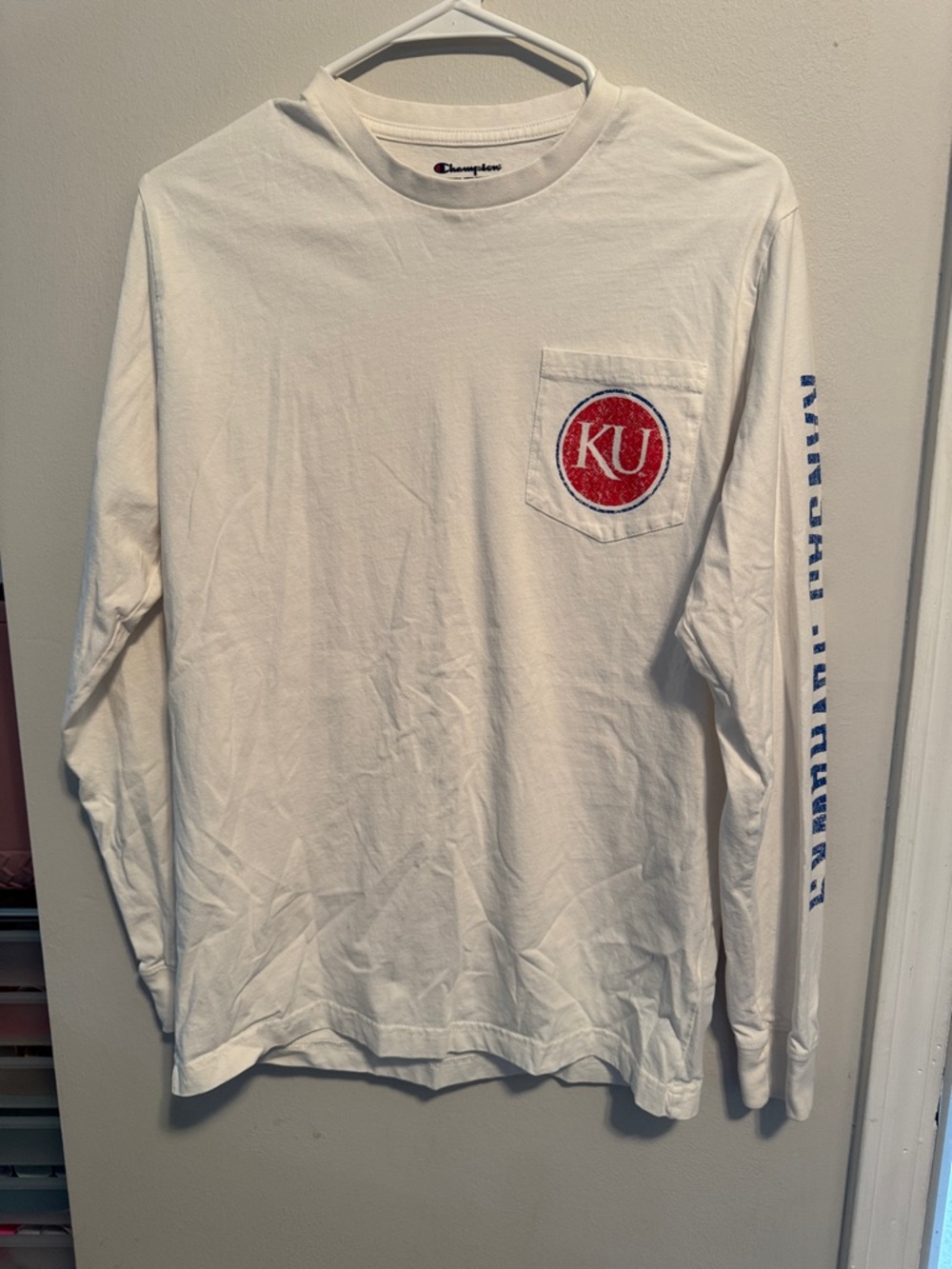 Champion White Long Sleeve Pocket Tee with Red KU Patch
